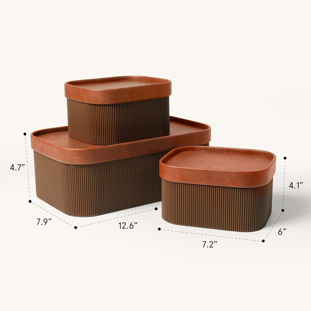 Decorative Storage Boxes with Lids Faux Leather, Brown 3 Pack - Set of 3