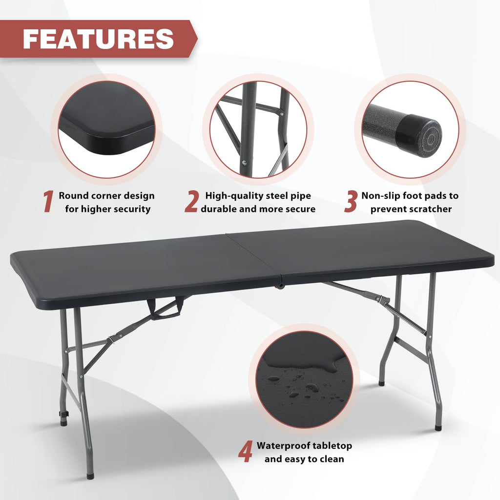 6FT Folding Table | Black | Portable Plastic Table