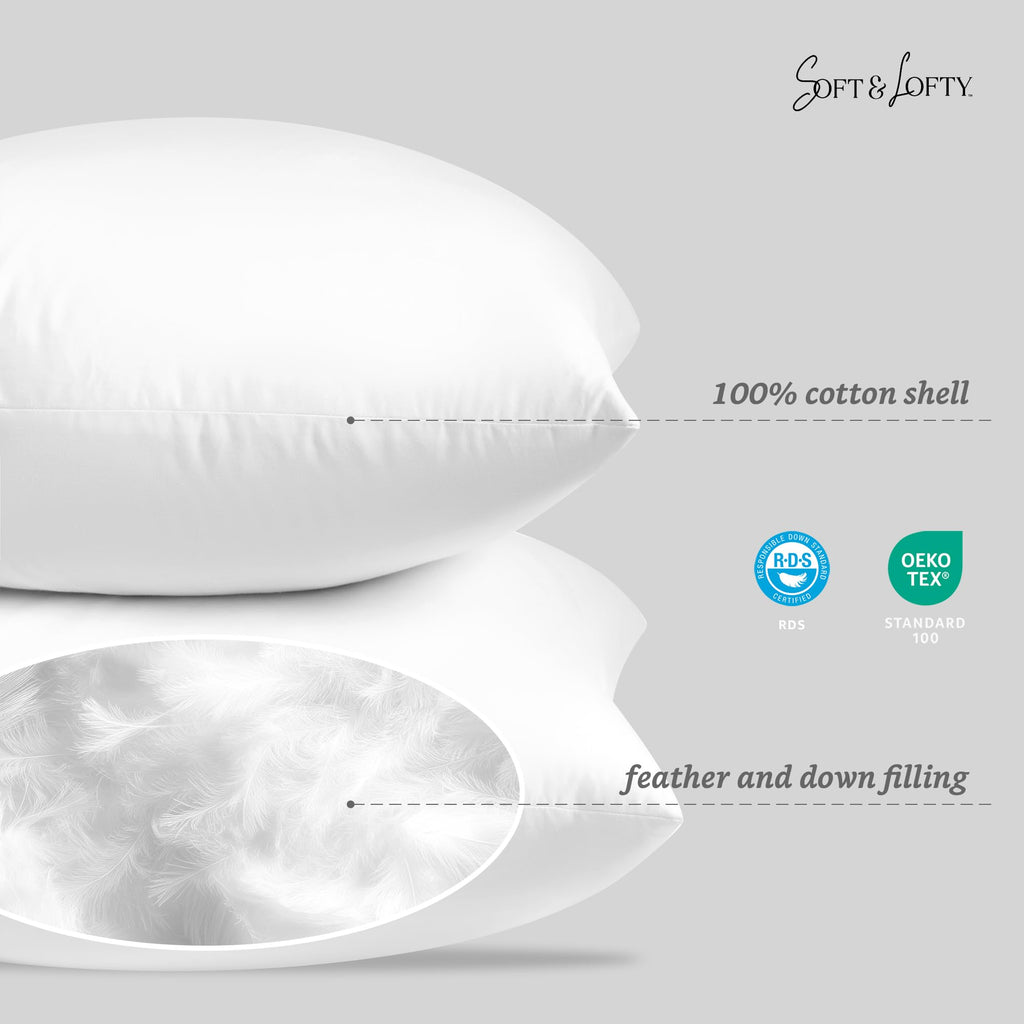 26x26 Feather Down Euro Pillow Inserts 100% Soft Cotton Cover, Set of 2
