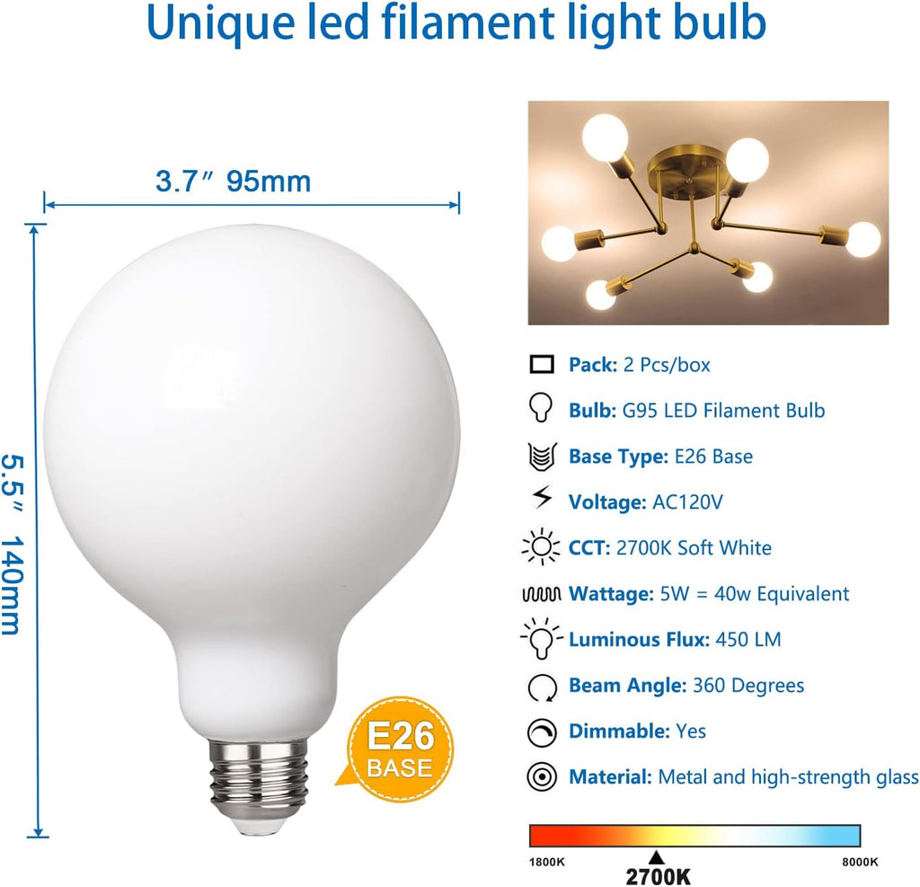 2 Pack G30 Globe LED Light Bulb, Warm White 2700K Dimmable