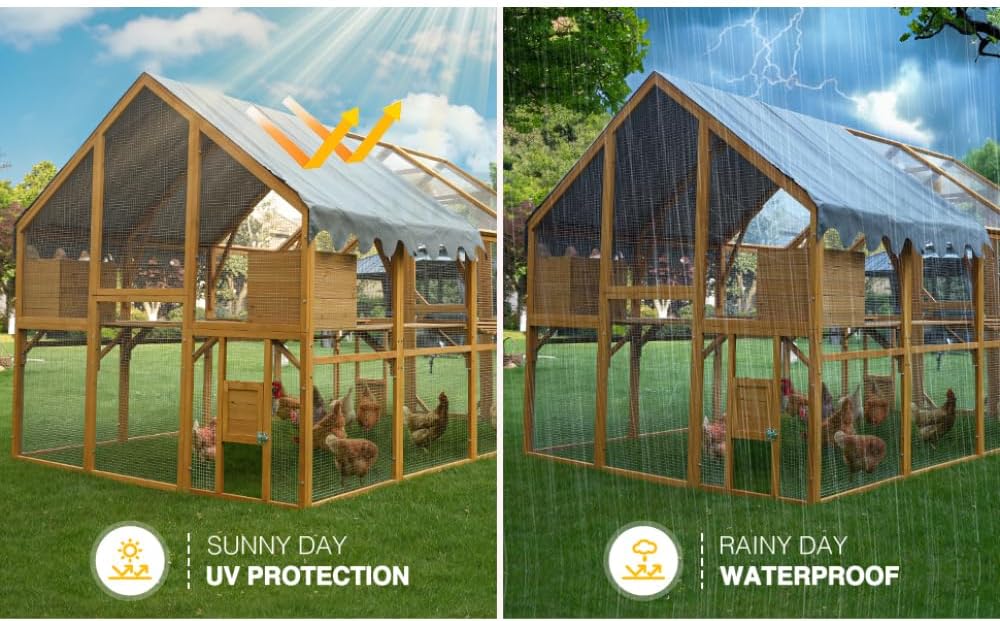 Large Outdoor Wooden Cat Enclosure with Walk-in Design and Waterproof Cover for Cats, 110 Inch Yellow Kitten Playpen