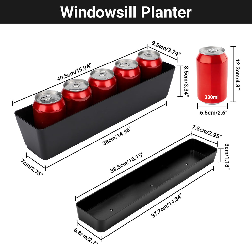 3PCS 16x3.8 Inch Window Boxes Planters, Black Rectangle Planters Box with Drainage Holes and Trays, Herb Succulents