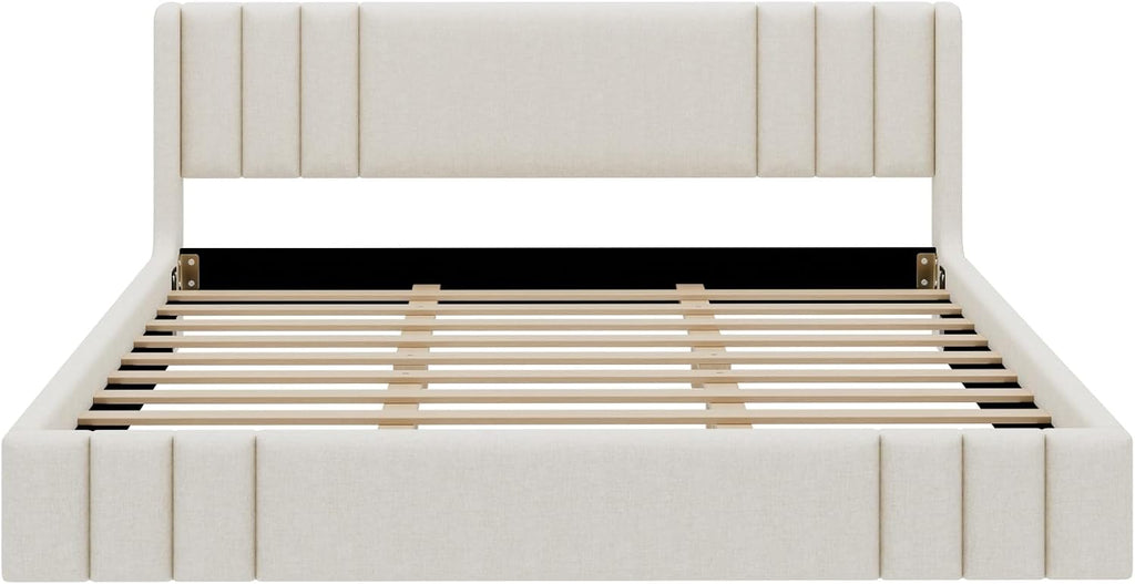 Floor Upholstered Bed Frame with Wingback Headboard