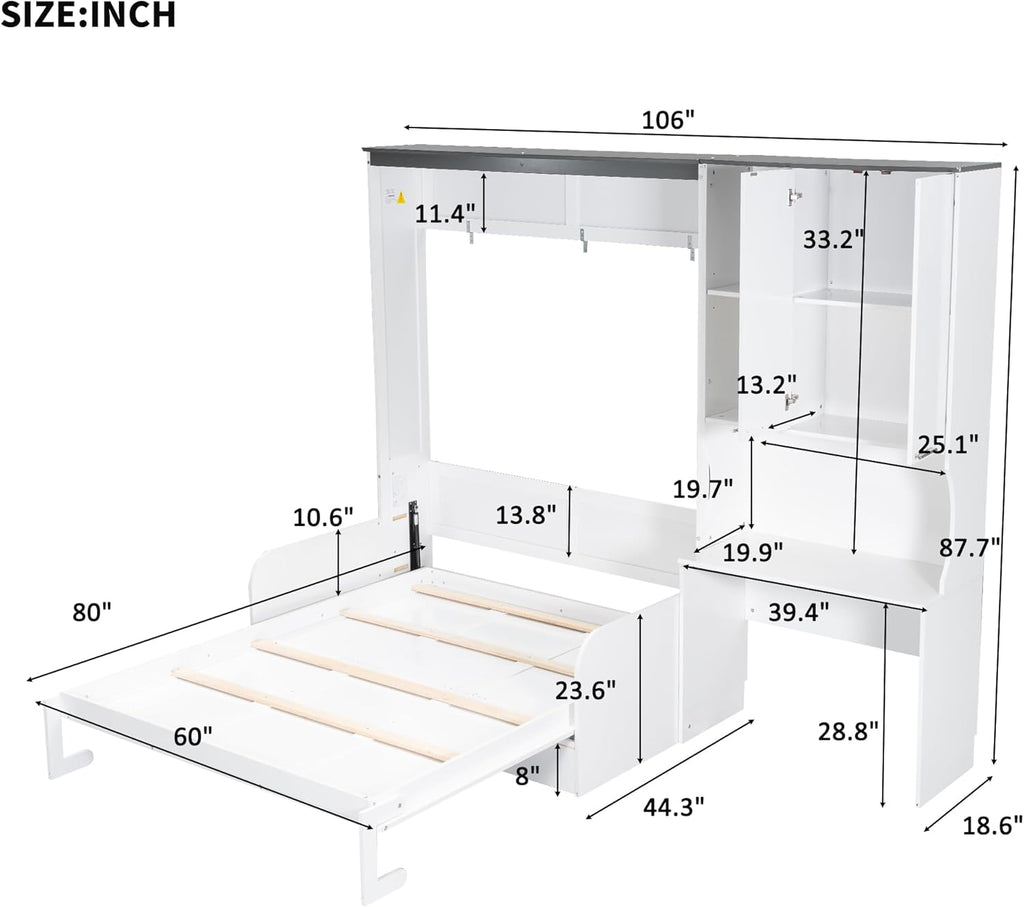 Queen Wood Murphy Bed with Upholstered Sofa & Desk, Multifunctional Foldable Wall Platform Bed for Guest-Room