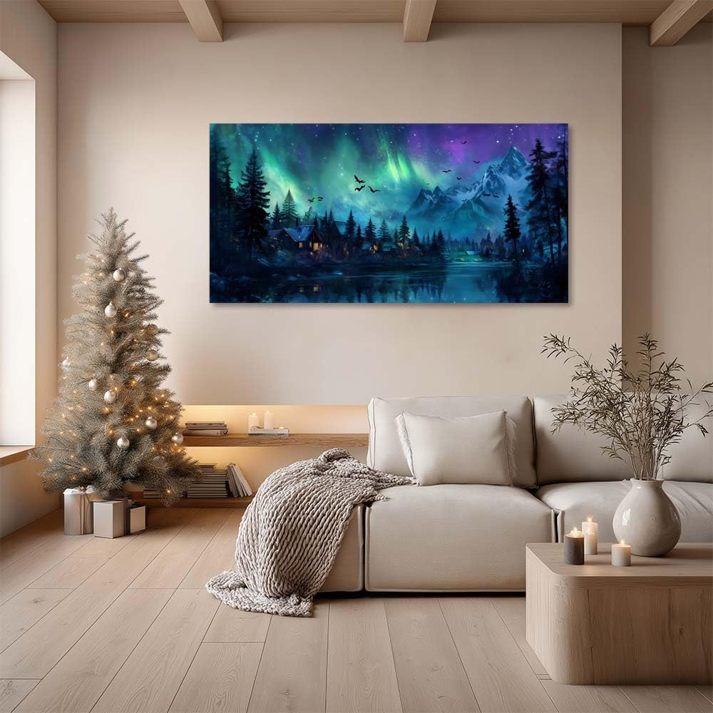 A Borealis Northern Lights Canvas Wall Art Mountain Landscape Cabin Painting Flat Print Gallery Wrapped Night Sky