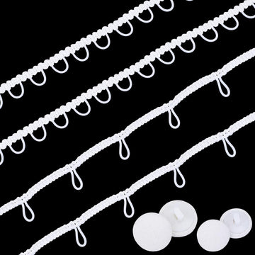 White Elastic Braid Fringe Tassel Buttonhole Loops Trim Ribbon with 40Pcs Cloth Fabric Covered Buttons - 2 Pcs 9 Yards