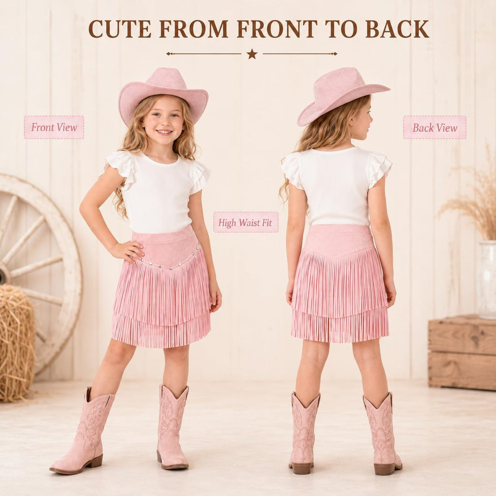 Girls Faux Suede Fringe Skirt Western Cowgirl High Waist Tassel Mini Skirt for Rodeo Country Concert