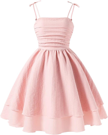 Girls Spaghetti Straps Smocked Ruched A Line Swing Dress Flowy Double Layered Tween Girl Party Dresses
