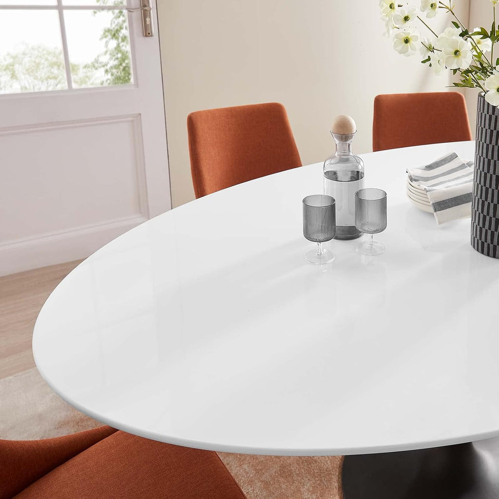 Inspired Tulip Style Oval Pedestal Dining Table — Black Base / White Top, 78″ Oval