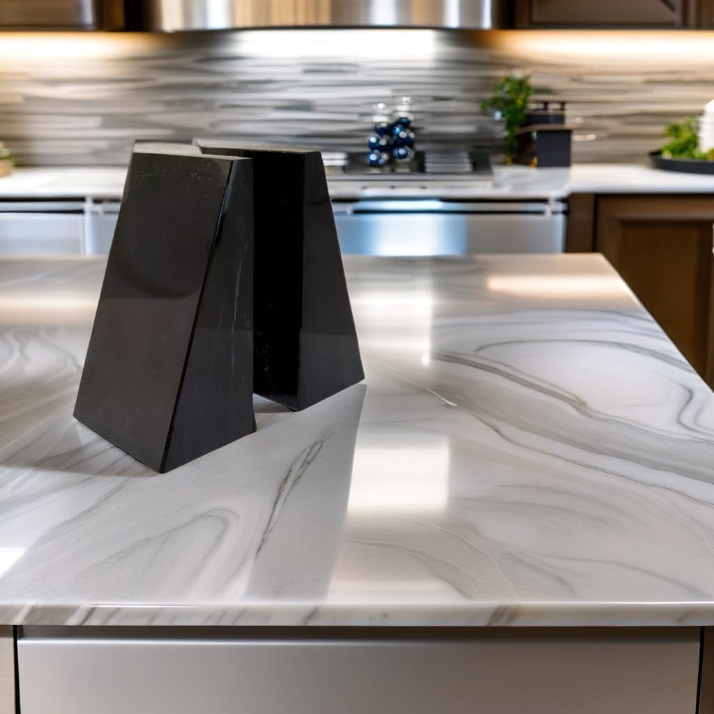 Premium Polished Stone Marble 6" Book Ends for Bookshelf Decor, Home, Office or Kitchen Shelves. Heavy, Triangular