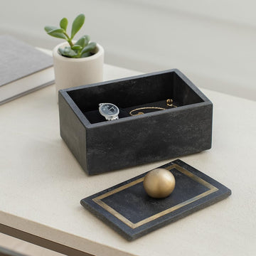Decorative Rectangular Box with Knob - Marble & Metal Modern Decorative Box Decor - Jewelry, Keepsakes, Accent Table