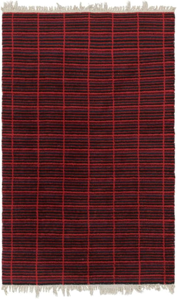 Vintage Swedish Rya Rug, Scandinavian Stripes in Red and Black