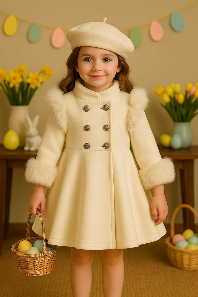 Girls double breasted faux fur dress coat peacoat toddler outfit birthday spring photoshoot easter