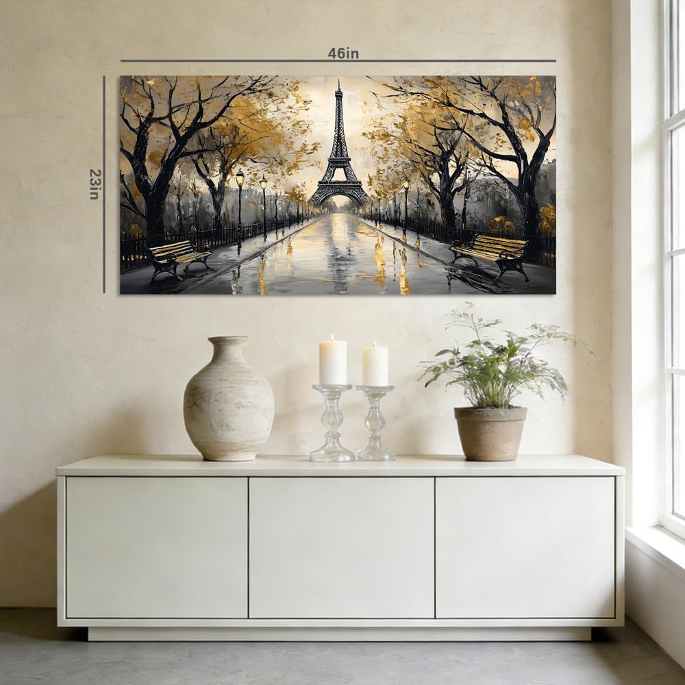 Romantic Paris Eiffel Tower Canvas Wall Black and Gold Cityscape Painting Print Gallery Wrapped Vintage City Artwork