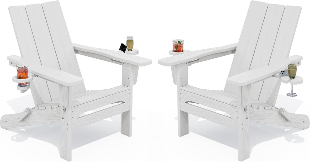 Modern Folding Adirondack Chairs Set of 2, HDPE, Cup Holders, White | Outdoor All-Weather Lawn Adirondack Chairs Wood