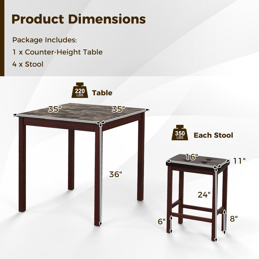 5-Piece Counter-Height Bar Table Set, Faux Marble Square Table & 4 PVC Leather Bar Stools w/Rubber Wood Legs, Modern