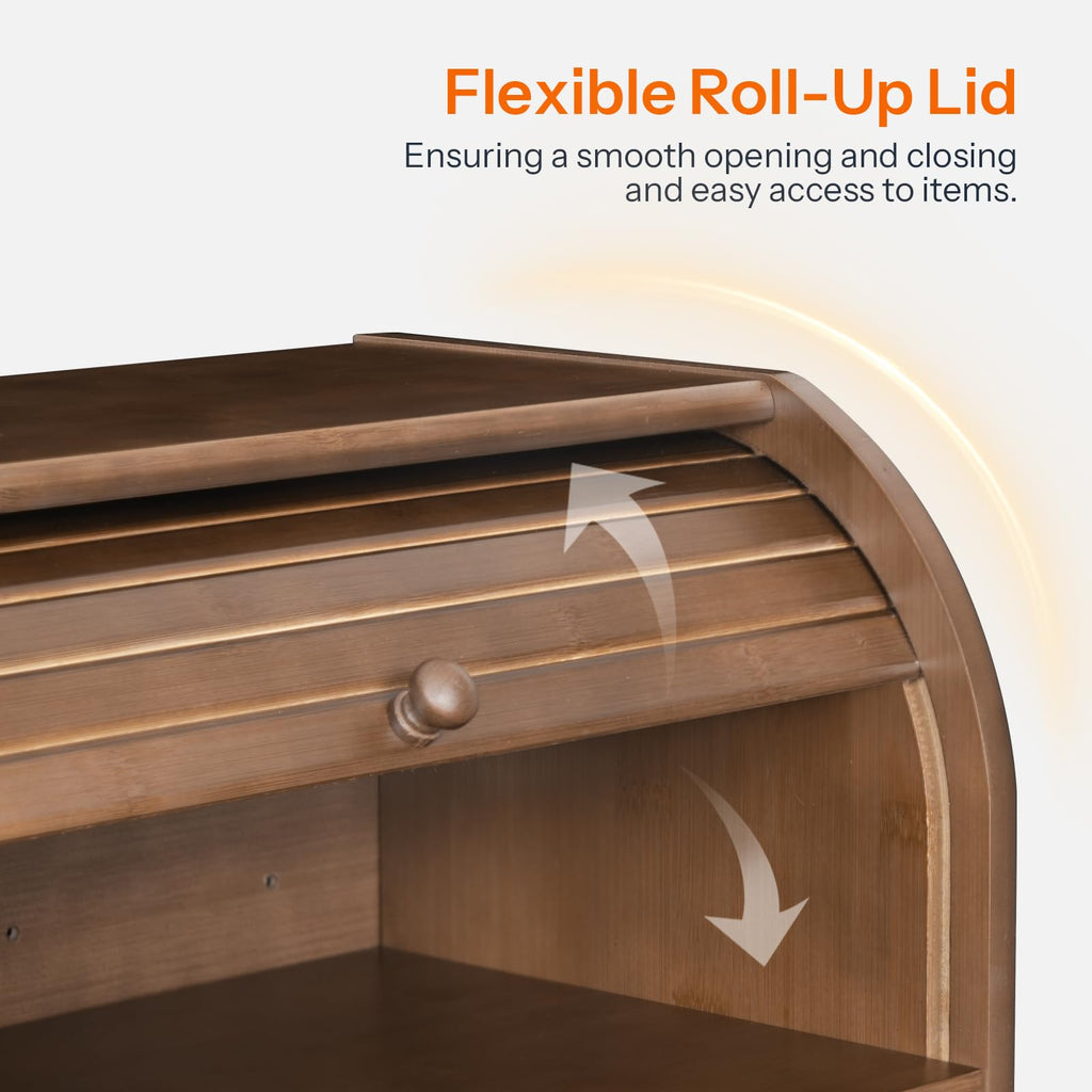 Bamboo Countertop, 2 Tier Roll-Top Bread Bin, Food Storage Box, Large Capacity Keeper, Wooden Storage Cabinet, Brown