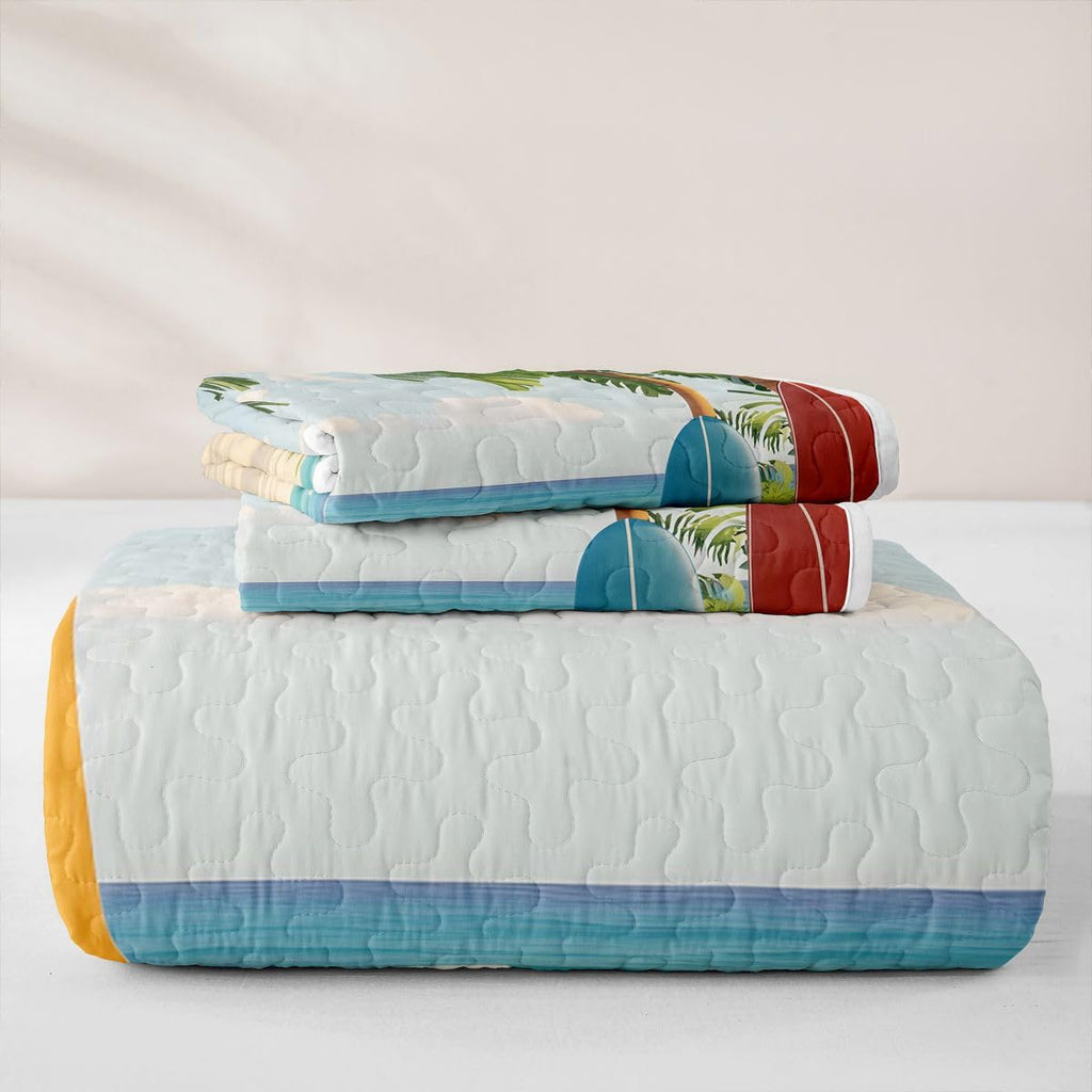 Summer Beach Quilt - Surfboard Bedspread Tropical Palm Tree Bed Coverlet with 2 Pillowcases