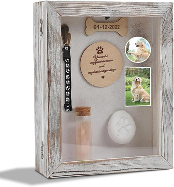 Pet Memorial Shadow Box Solid Wood Rectangle Picture Frame Paw Print Kit Urn Ashes Fur Jar Case Light Grey Dog Cat