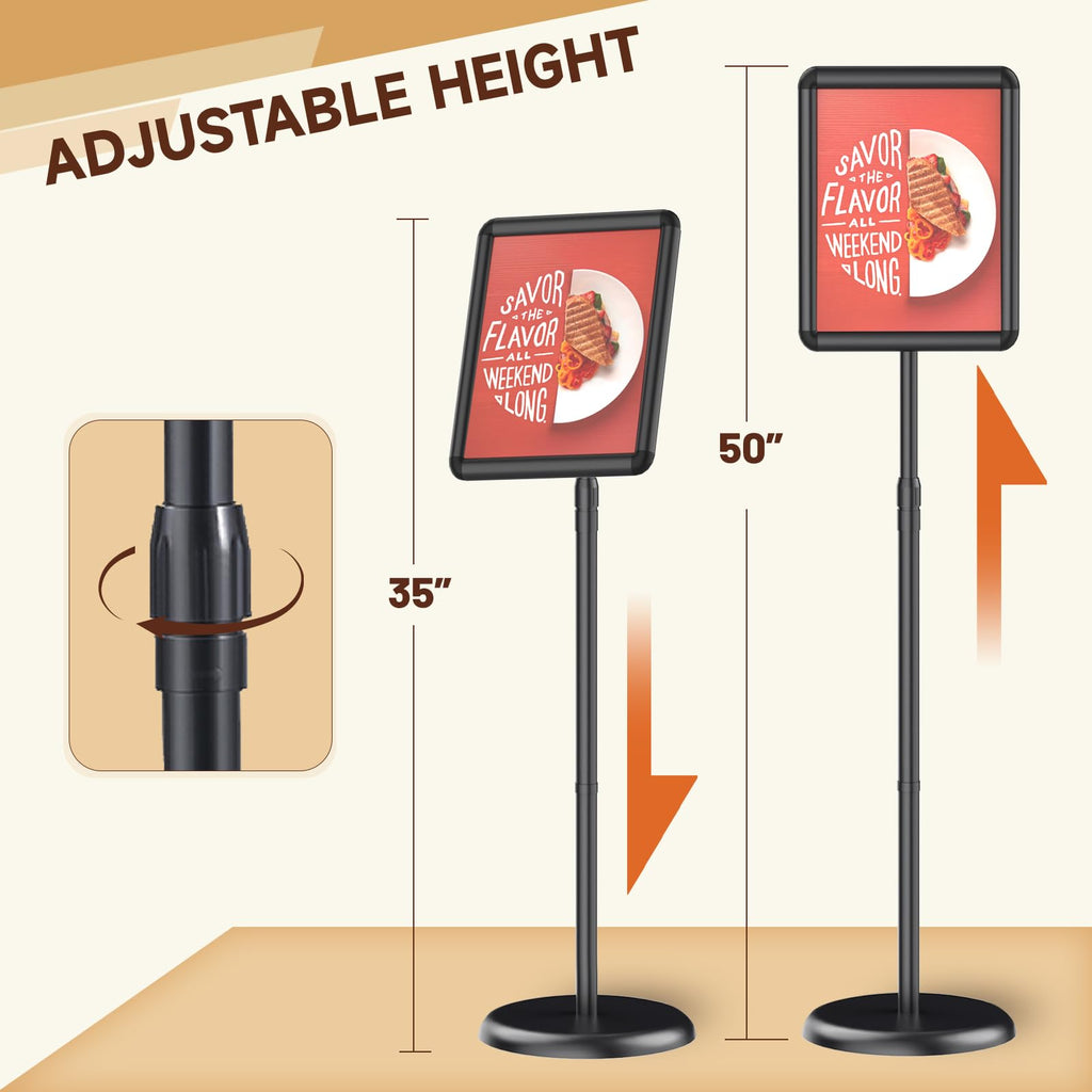 Adjustable Pedestal Floor Stand Sign Holder for 8.5*11 inches Poster or chalk board, Snap open frame, 360°
