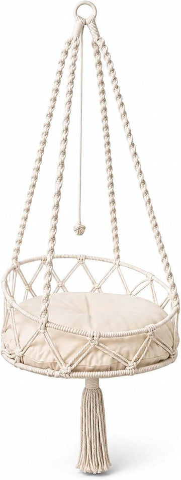 Boho Hanging Cat Bed, Macrame Cat Hammock with Removable Plush Cushion.