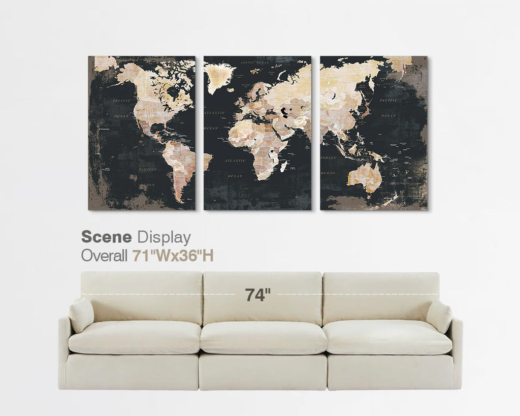 Office Wall Art Bedroom Framed Black Vintage World Map