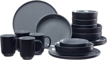 Jasper 16 Piece Black Stoneware Dinner Set Plates Bowls and Cups for 4 People