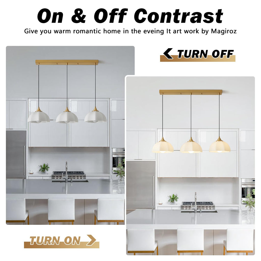Modern 3 Light Pendant Lighting Gold Linear Dining Room Light Fixture Milk Glass Linear Chandelier Brass and White