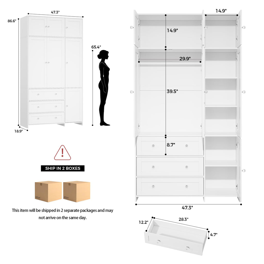 87" H Armoire Wardrobe Closet with Overhead Cabinets, Mirror & Rod
