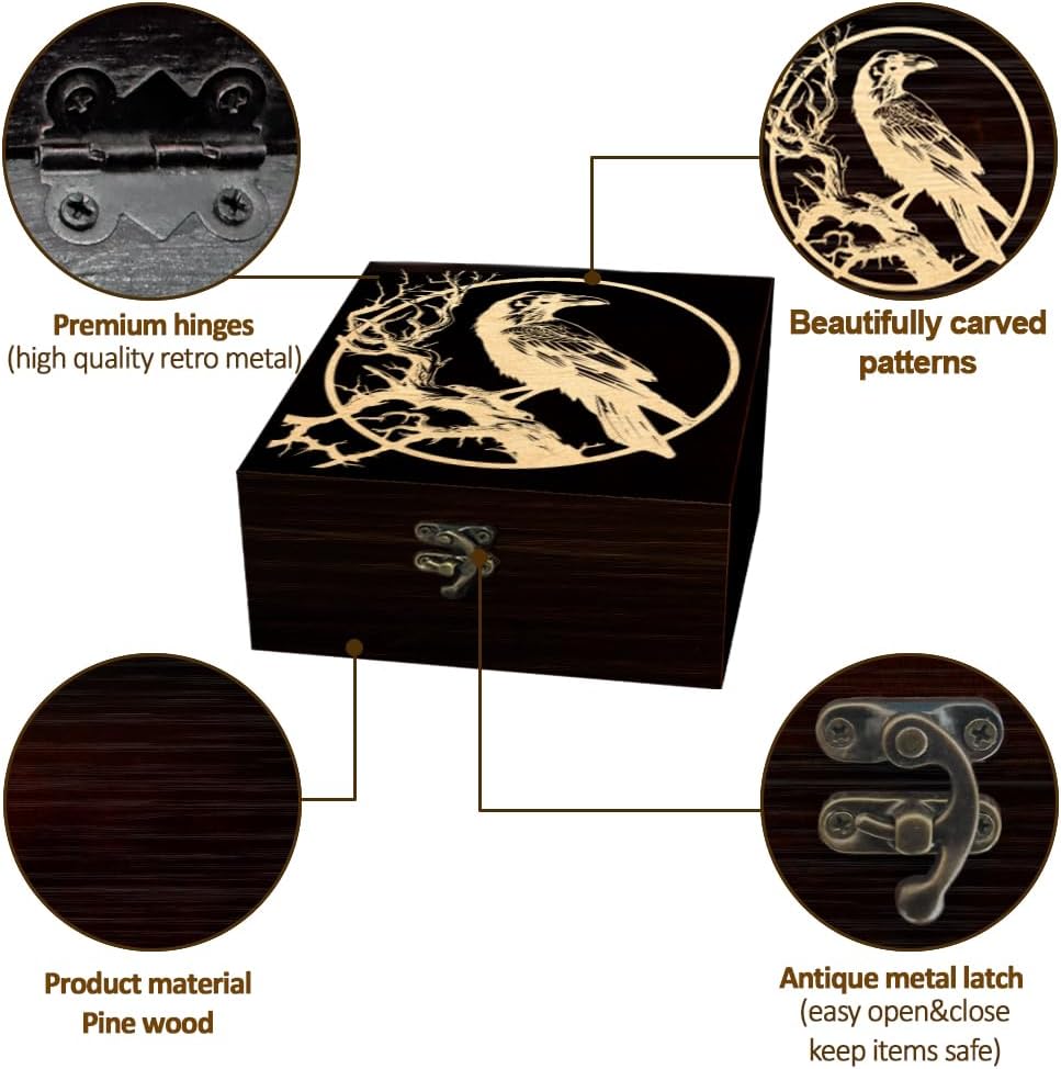 1 Pc Wooden Keepsake Storage Box, Raven Branch Full Moon Pattern Square Pine Memory Box for Anniversary Jewelry Board