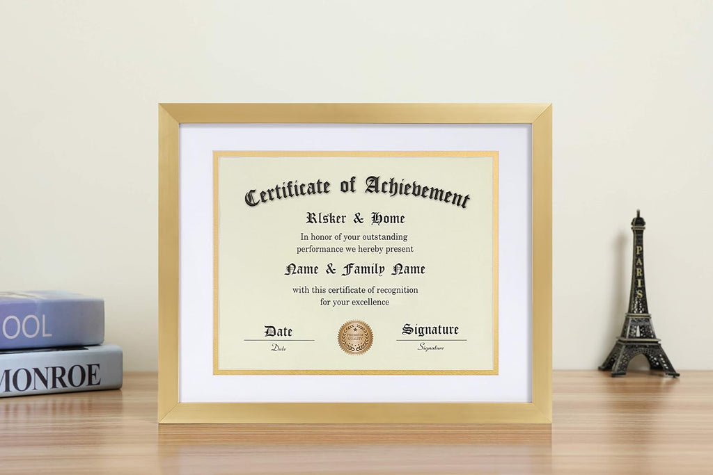 8.5 x 11 Certificate Frame Gold with White Mat Gold Rim