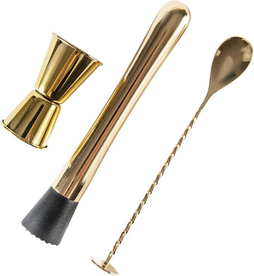 3-Pcs Gold Muddler & Mixing Tools Set, 10" Muddler, 12" Cocktail Spoon & 1 oz/2 oz Double Jigger, Bar Tool Set - Set of 3