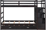 Twin Over Twin Bunk Bed with Stairs and Trundle, Wooden Bunk Bed Frame with Storage Staircase, Espresso