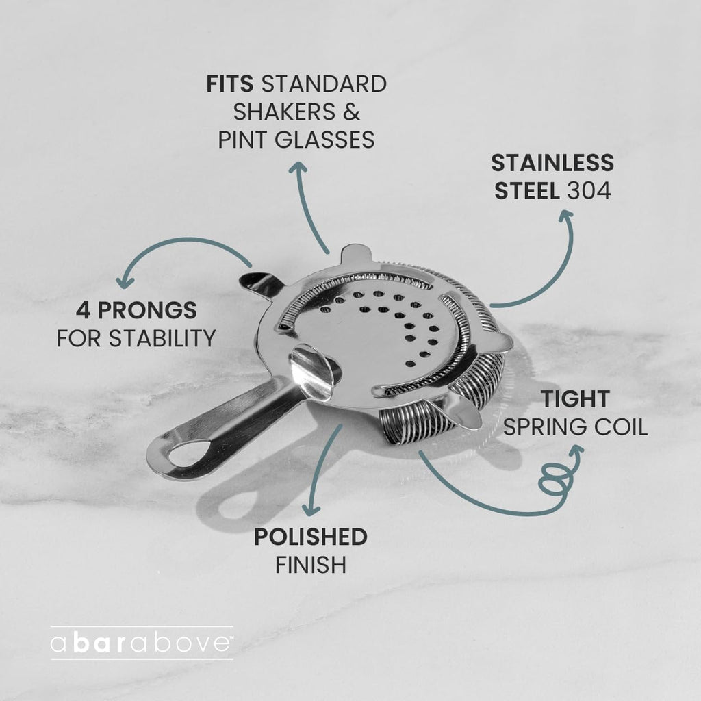 Cocktail Strainer, 4-Prong Bar Strainer with High Density Spring for Smooth Pouring, Fits Boston Shaker Tins