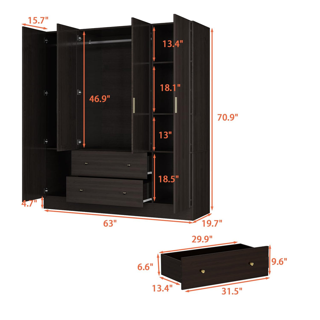 Large Bedroom Wardrobe Closet with 1 Mirror & 2 Drawers, 70.9" H Tall Armoire Clothes Closet with Doors and Shelves