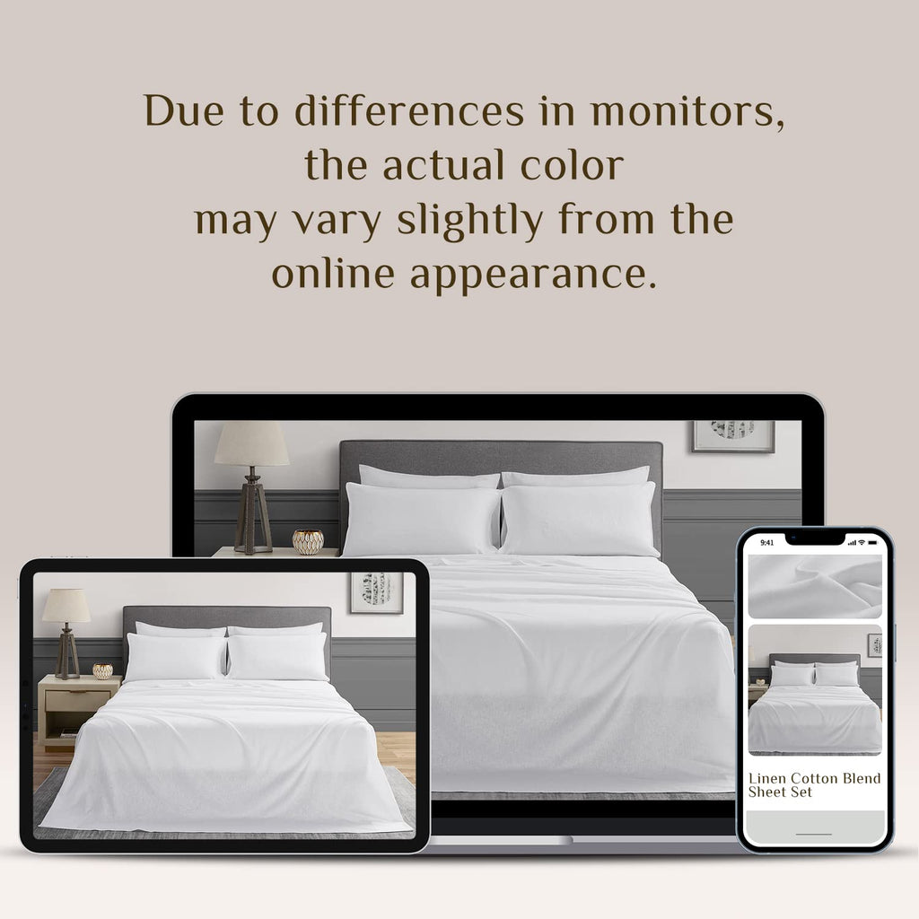 Linen Sheets Set Solid Color, Soft Breathable Sheets Set 4 PCs, Hypoallergenic French Linen Cotton Blend Bedding for