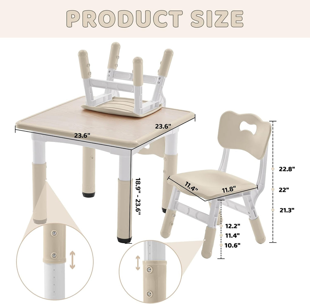 Adjustable Kids Table & 2 Chairs Set, 23.6" L x 23.6" W, Natural-W