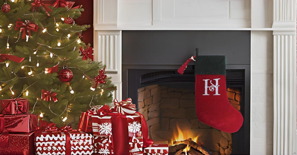 Christmas Stocking Red & Green Velvet with Tassel, Rhinestone Monogram (H)