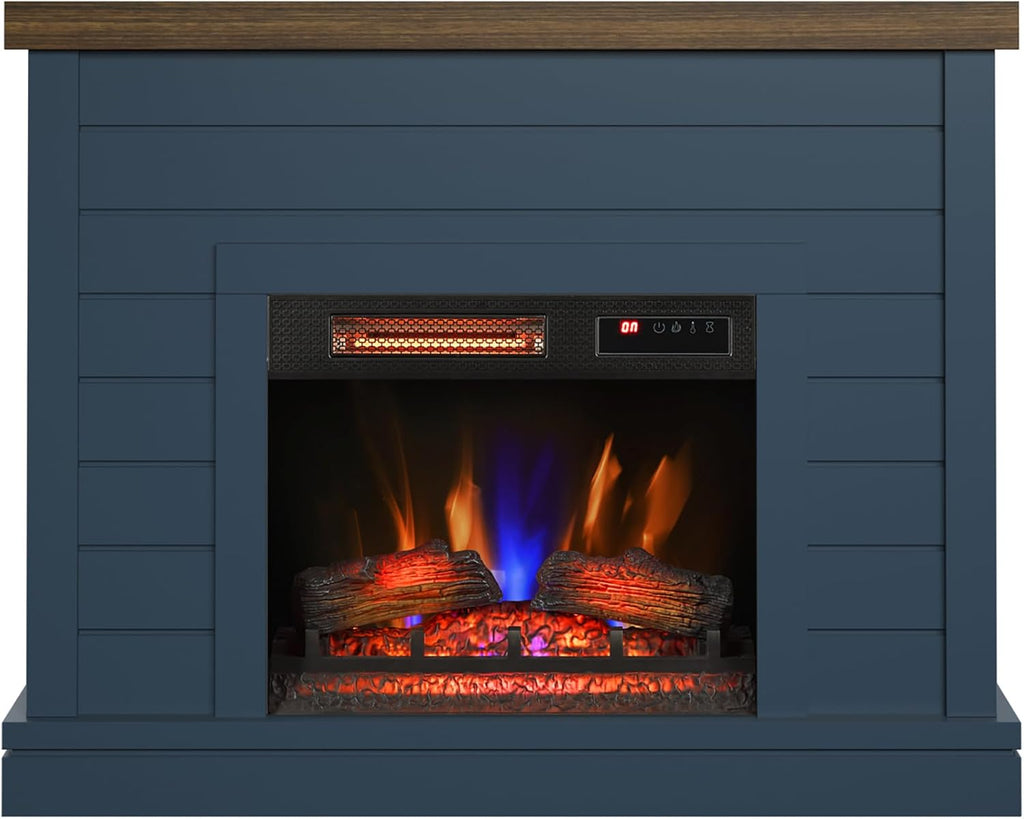 Shiplap Wall Mantel Electric Fireplace, Freestanding Fireplace Heater with Realistic Flame Effect, Blue Finish