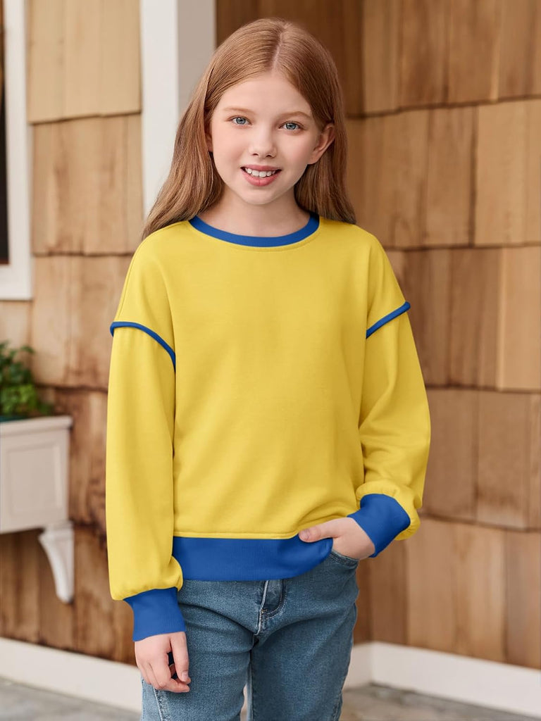 Girls Casual Crewneck Sweatshirts Long Sleeve Color Block Loose Fit Fall Cute Pullover Tops