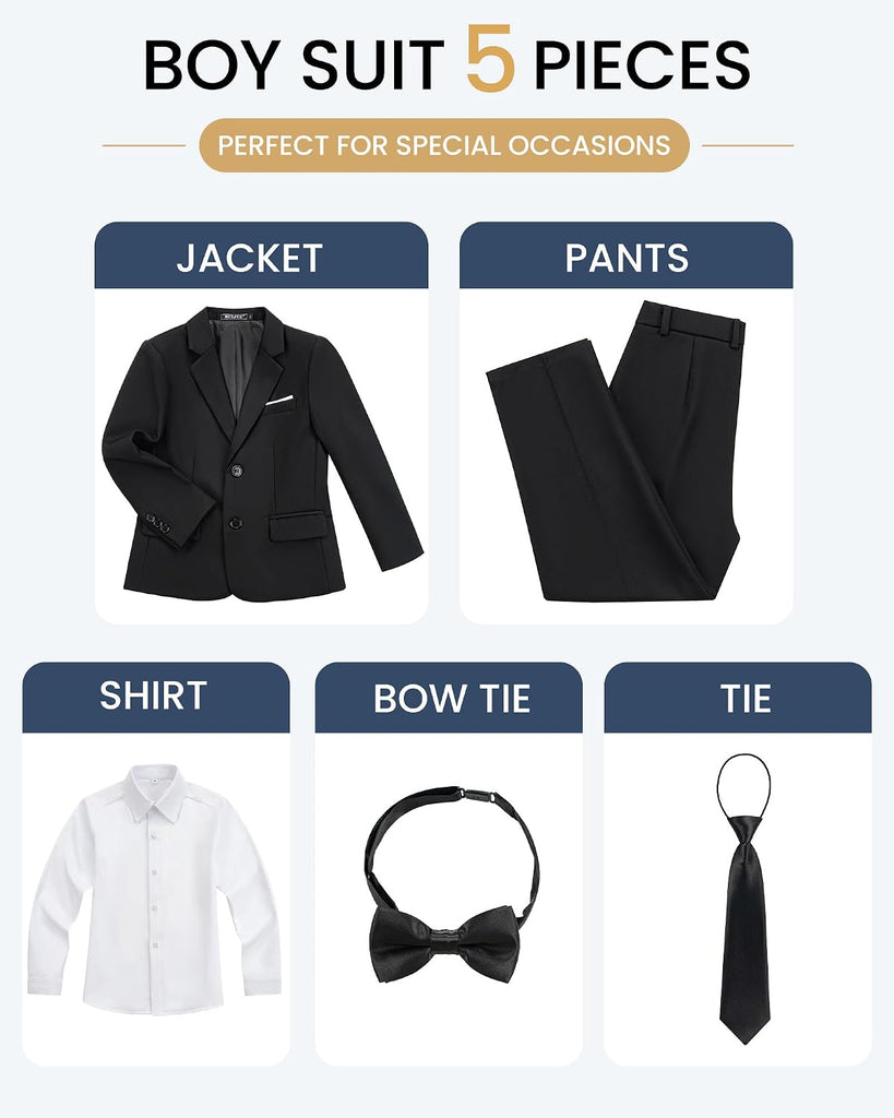 Boys' Formal Slim Fit Suit,5 Piece Suit Set,Jacket,Adjustable Waist Pants,Dress Shirt,Ties
