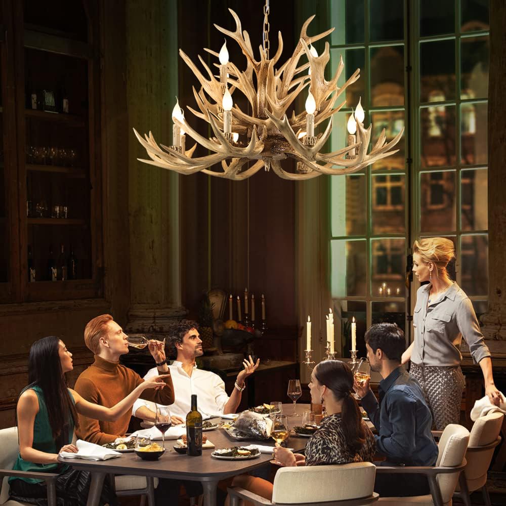Farmhouse Antler Chandelier 12 Light, Double Layer Antler Light Fixtures, 4 Different Antler Composition Deer Antler