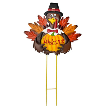 Metal Thanksgiving Turkey Yard Stakes, Fall Outdoor Yard Decoration with Turkey & Pumpkin Welcome Sign, Rustic Lawn
