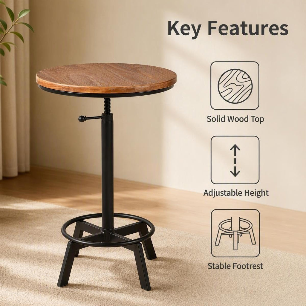 Farmhouse Bar Table 30-35.4inch Height Adjustable Rustic Bistro Pub Table Coffee House Vintage Cocktail Table Swivel