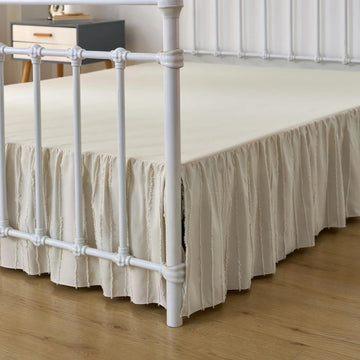 Bed Skirt Queen Size - Ruffled Bed Skirt - with Split Corners - Cream | Striped Boho Tufted -14 Inch Drop Bedskirt
