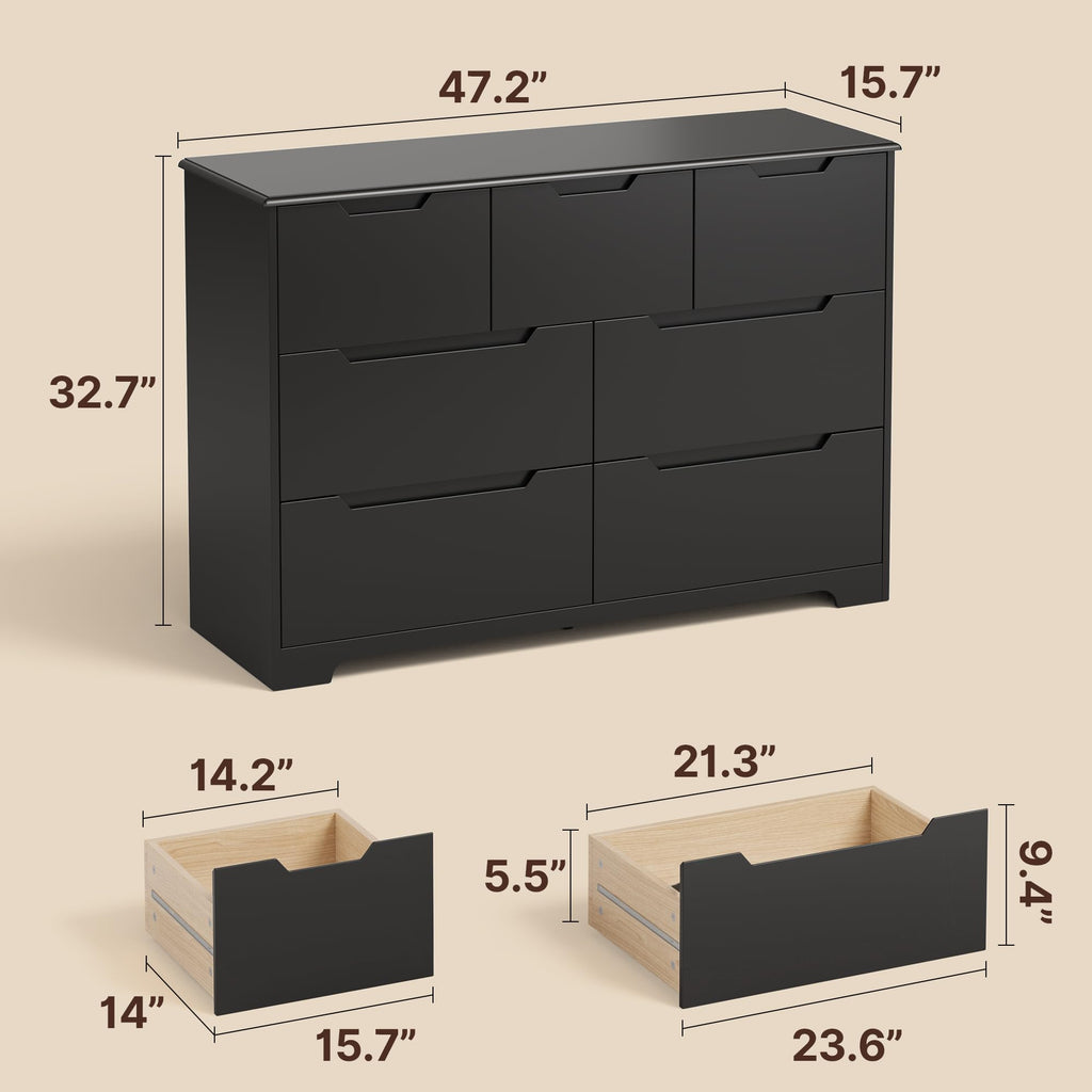 7 Drawer Dresser, 48" Wide Wood Dresser, Black