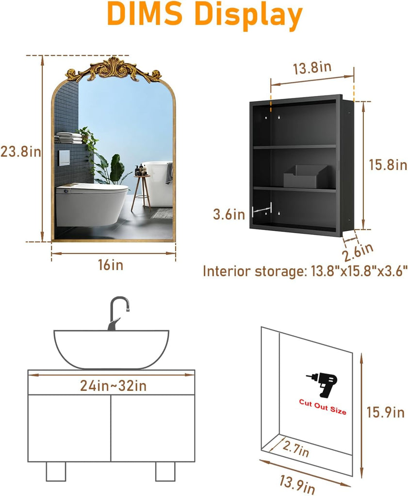 16x24 Inch Bronze Medicine Cabinet Mirror with Hand-Made Vintage Carving Flower and Aluminum Frame, Full Metal