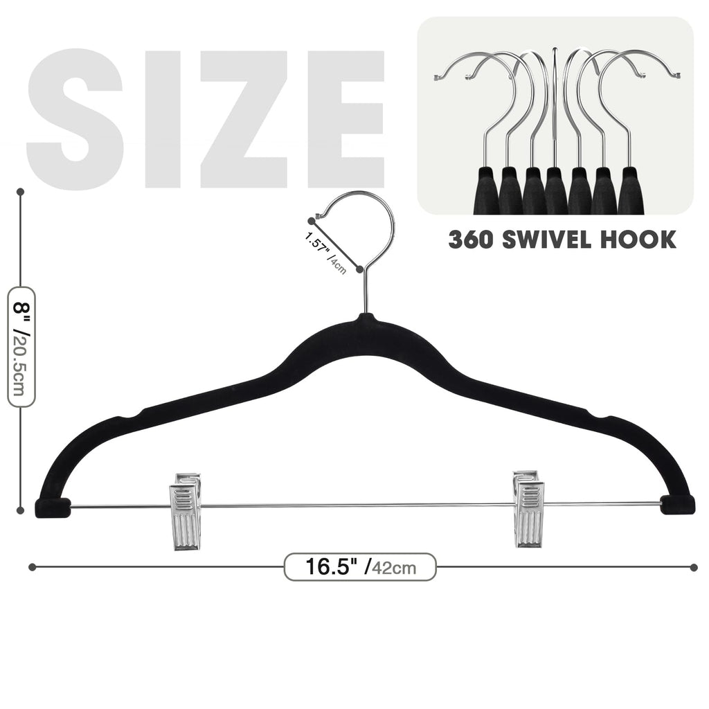 36-Pack Black Velvet Hangers with Clips Adjustable, Adult Hangers, Heavy-Duty, Felt, Non-Slip, Space Saving, Slim Outfit