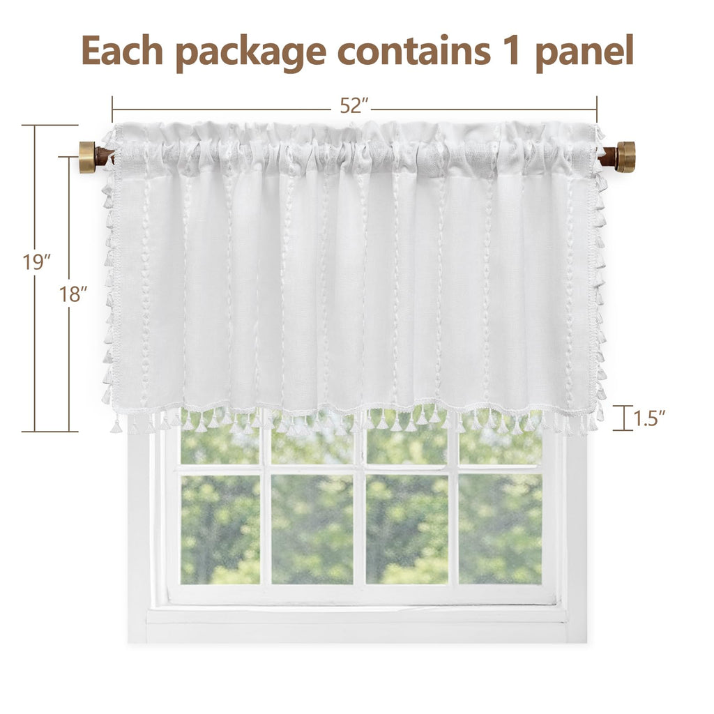 White Boho Farmhouse Valance Curtain with Tassels, 52 x 18 inch Linen Textured Window Curtain, Striped Light