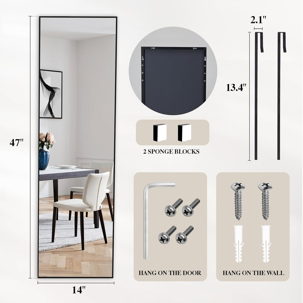 Black Over The Door Mirror, 47x14 Inches Full Body Mirror Full Length